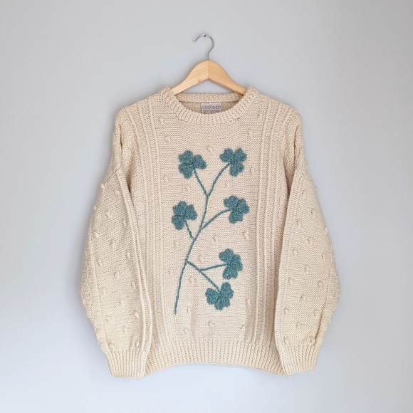 🇮🇪 Vintage Cooleen Shamrock Wool Aran Sweater Made In Ireland St Patrick's Day - Picture 1 of 15